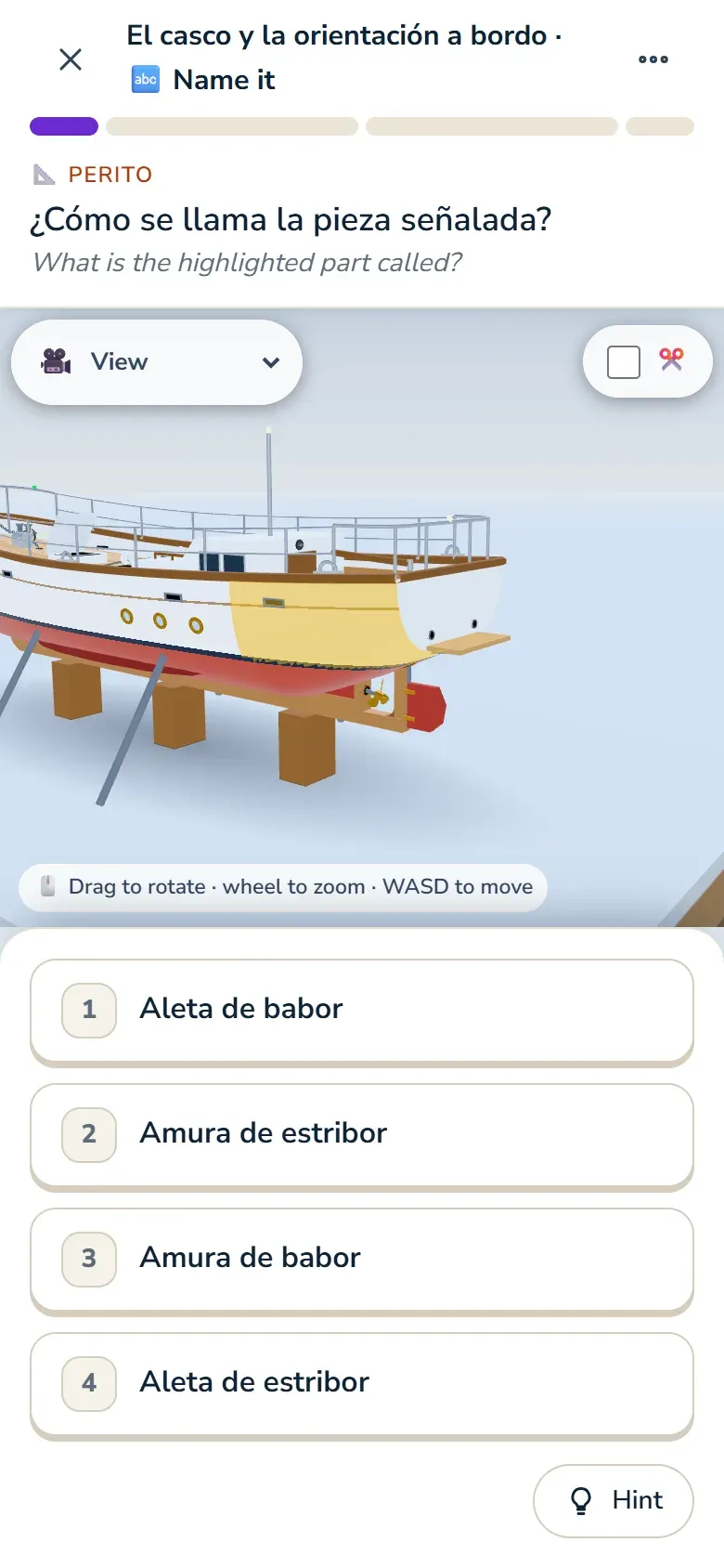 Course lesson: a question in Spanish about a 3D scene of the boat