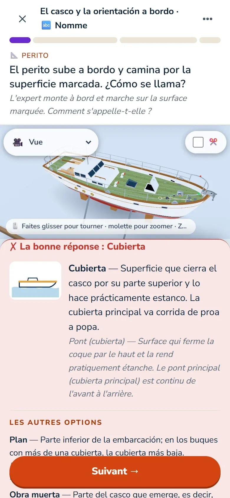 Leçon du cours : une question en espagnol sur une scène 3D du bateau