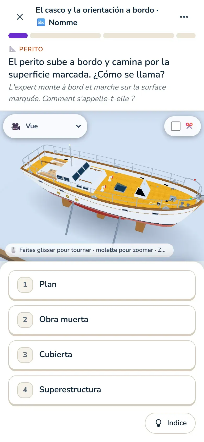 Leçon du cours : une question en espagnol sur une scène 3D du bateau
