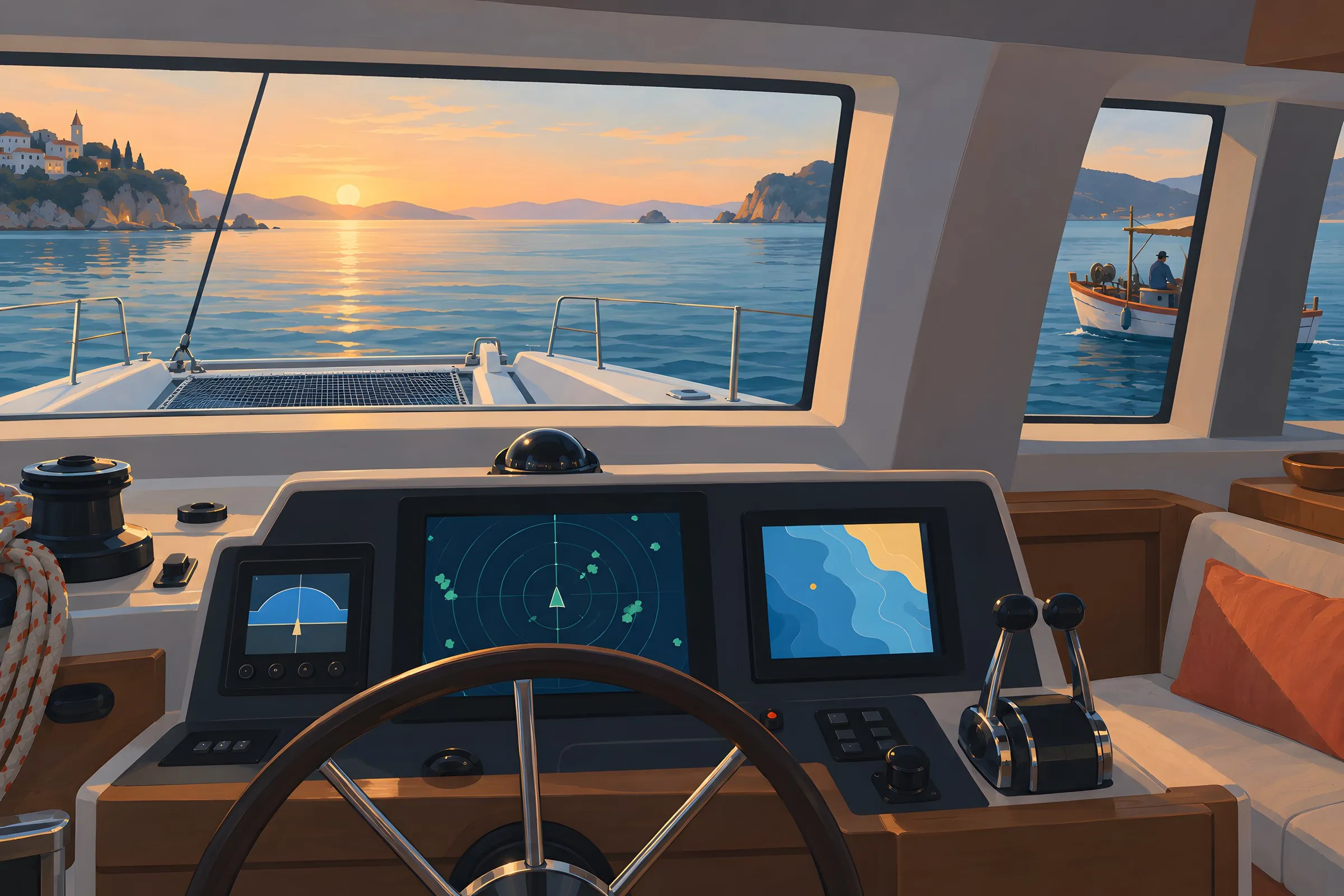 Vista desde un puesto de gobierno interior al amanecer: timón, radar y plotter en primer plano; a la derecha, tras el marco de una ventana, una barca de pesca.