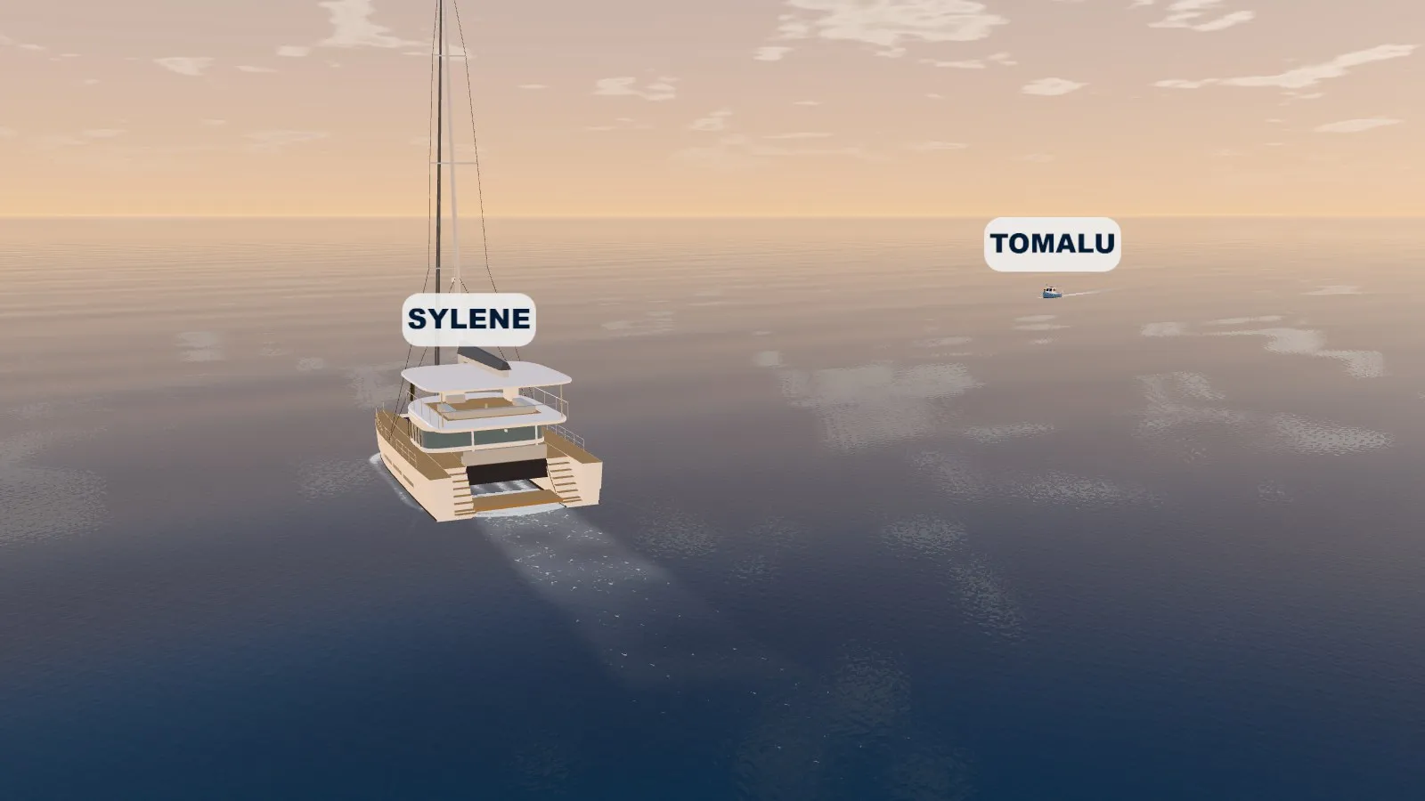 Reconstrucción ilustrativa al amanecer: el catamarán SYLENE visto desde popa y, por su estribor, la barca TOMALU en una posición hipotética.